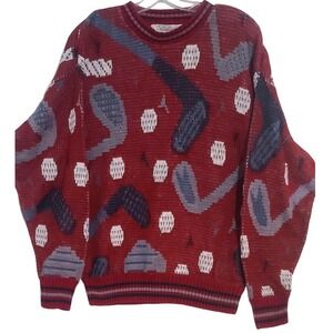 Crossings Vintage Golf Sweater Men's Size M Red All Over Print Long Sleeve